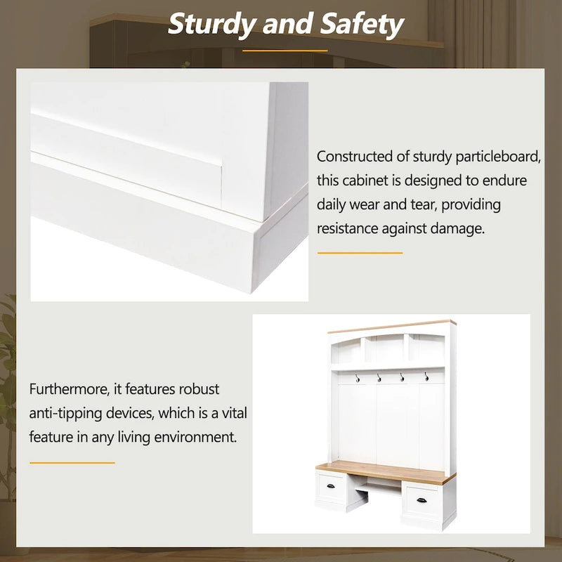 Farmhouse Hall Tree with Wood Grain Bench, Hooks and Bottom Cabinets