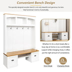 Farmhouse Hall Tree with Wood Grain Bench, Hooks and Bottom Cabinets