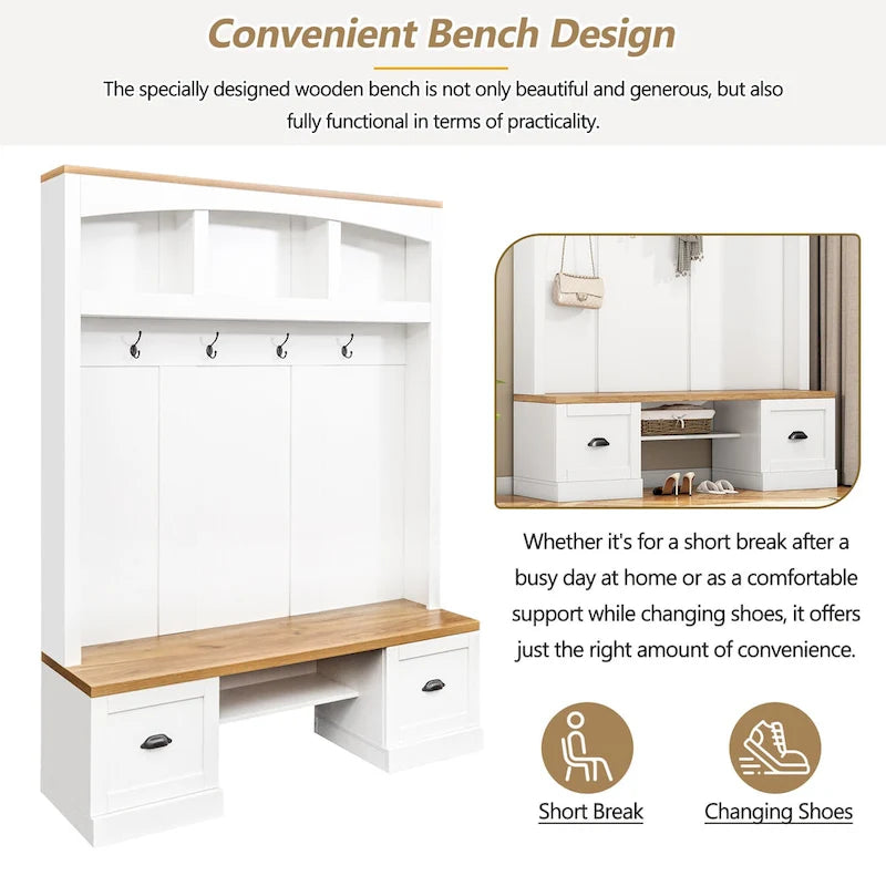 Farmhouse Hall Tree with Wood Grain Bench, Hooks and Bottom Cabinets