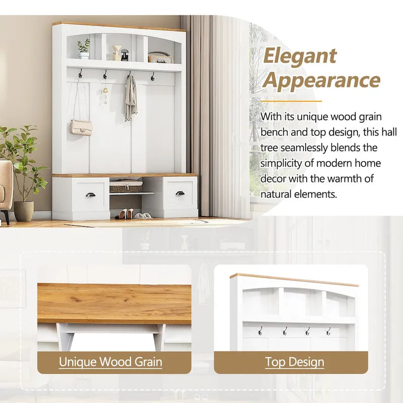 Farmhouse Hall Tree with Wood Grain Bench, Hooks and Bottom Cabinets