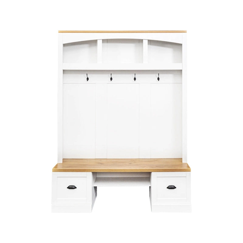 Farmhouse Hall Tree with Wood Grain Bench, Hooks and Bottom Cabinets