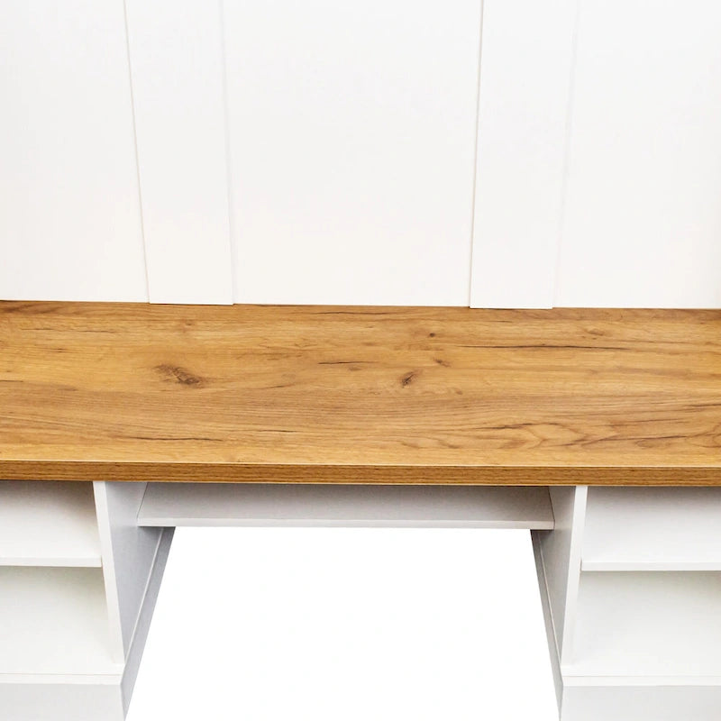 Farmhouse Hall Tree with Wood Grain Bench, Hooks and Bottom Cabinets