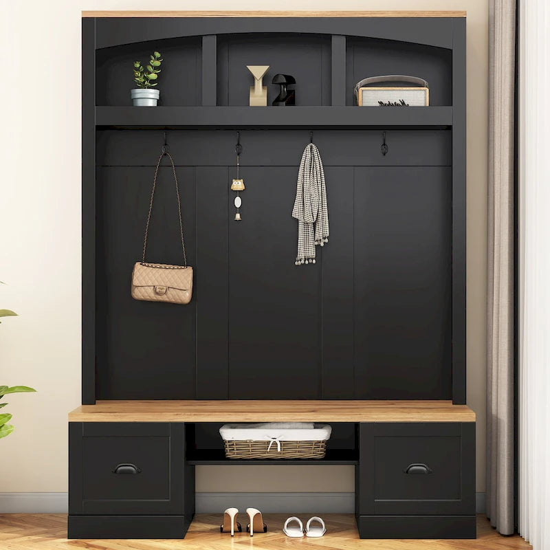 Farmhouse Hall Tree with Wood Grain Bench, Hooks and Bottom Cabinets