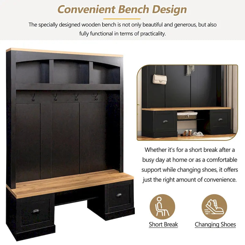 Farmhouse Hall Tree with Wood Grain Bench, Hooks and Bottom Cabinets