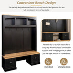 Farmhouse Hall Tree with Wood Grain Bench, Hooks and Bottom Cabinets