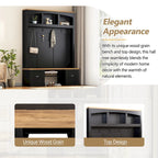 Farmhouse Hall Tree with Wood Grain Bench, Hooks and Bottom Cabinets