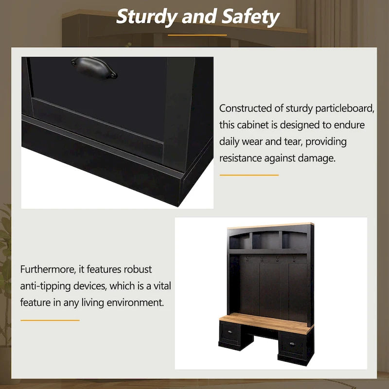 Farmhouse Hall Tree with Wood Grain Bench, Hooks and Bottom Cabinets