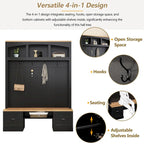 Farmhouse Hall Tree with Wood Grain Bench, Hooks and Bottom Cabinets