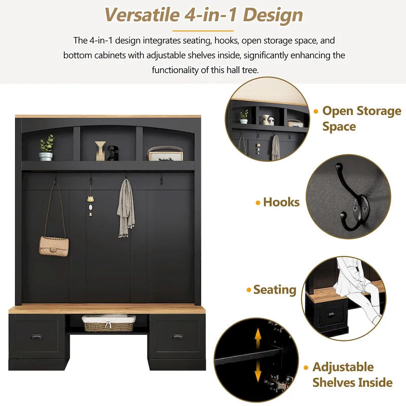 Farmhouse Hall Tree with Wood Grain Bench, Hooks and Bottom Cabinets