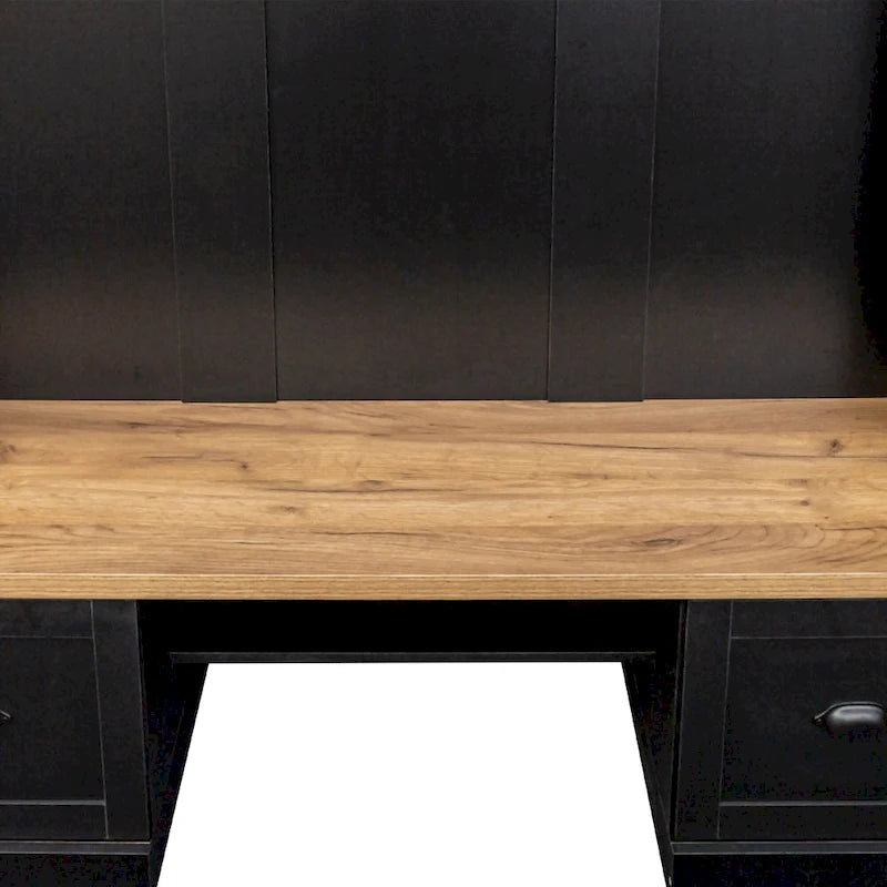 Farmhouse Hall Tree with Wood Grain Bench, Hooks and Bottom Cabinets