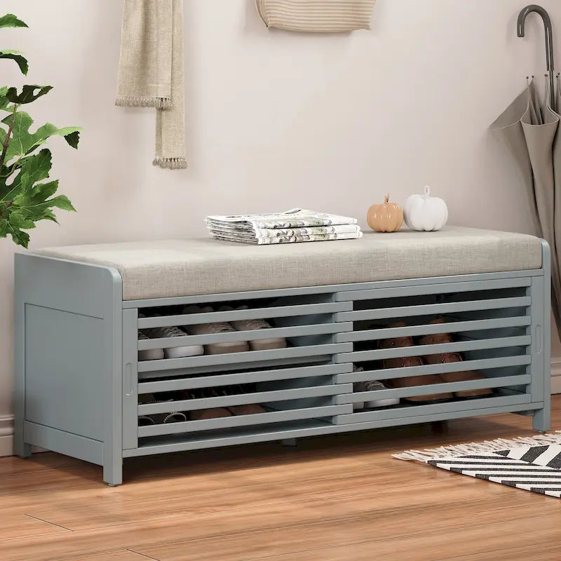 Distressed Shutter Storage Bench with Acacia Veneer for Retro Charm for Living Room, Entryway
