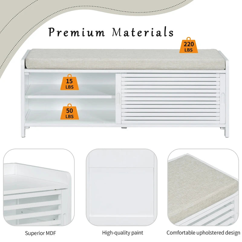 Distressed Shutter Storage Bench with Acacia Veneer for Retro Charm for Living Room, Entryway