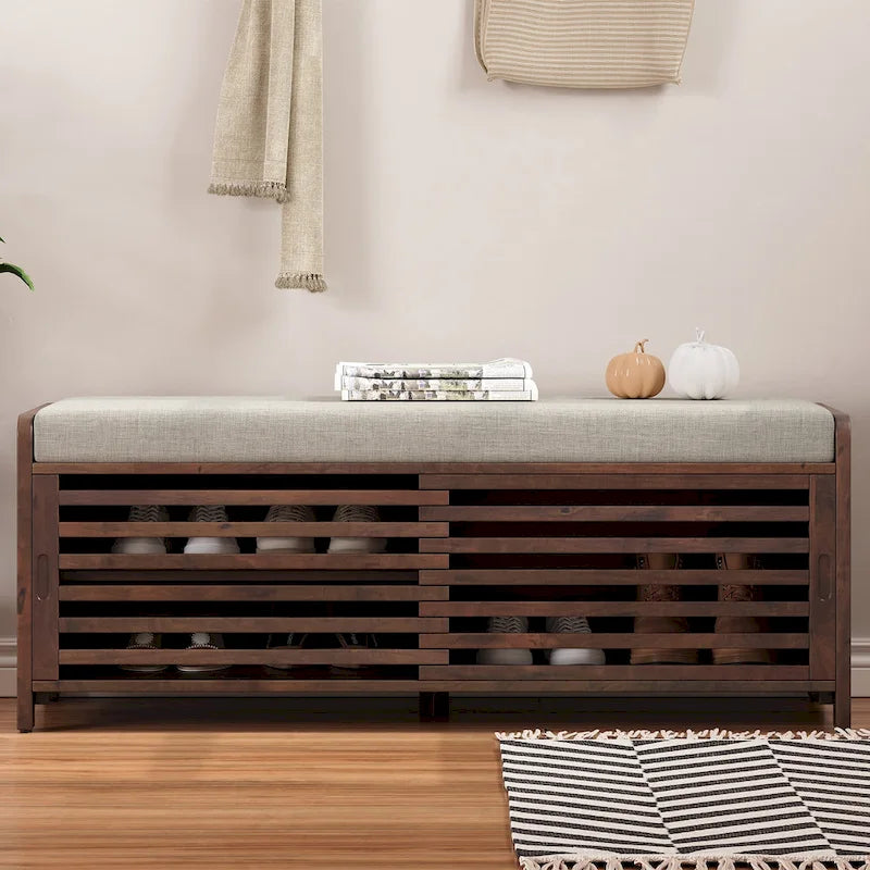 Distressed Shutter Storage Bench with Acacia Veneer for Retro Charm for Living Room, Entryway