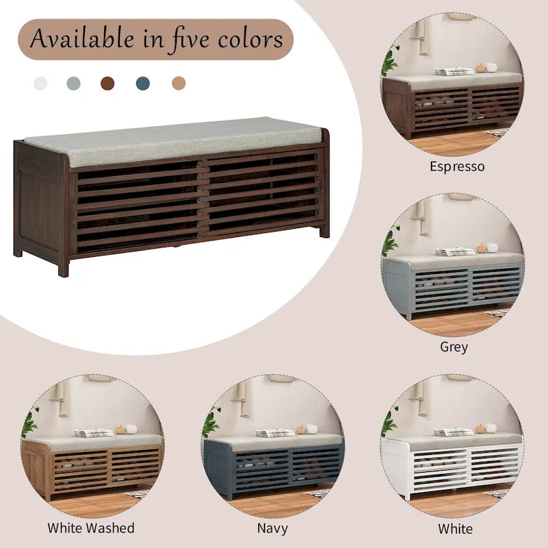 Distressed Shutter Storage Bench with Acacia Veneer for Retro Charm for Living Room, Entryway