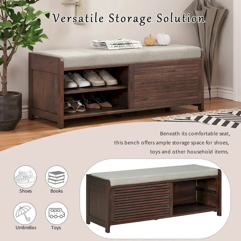 Distressed Shutter Storage Bench with Acacia Veneer for Retro Charm for Living Room, Entryway