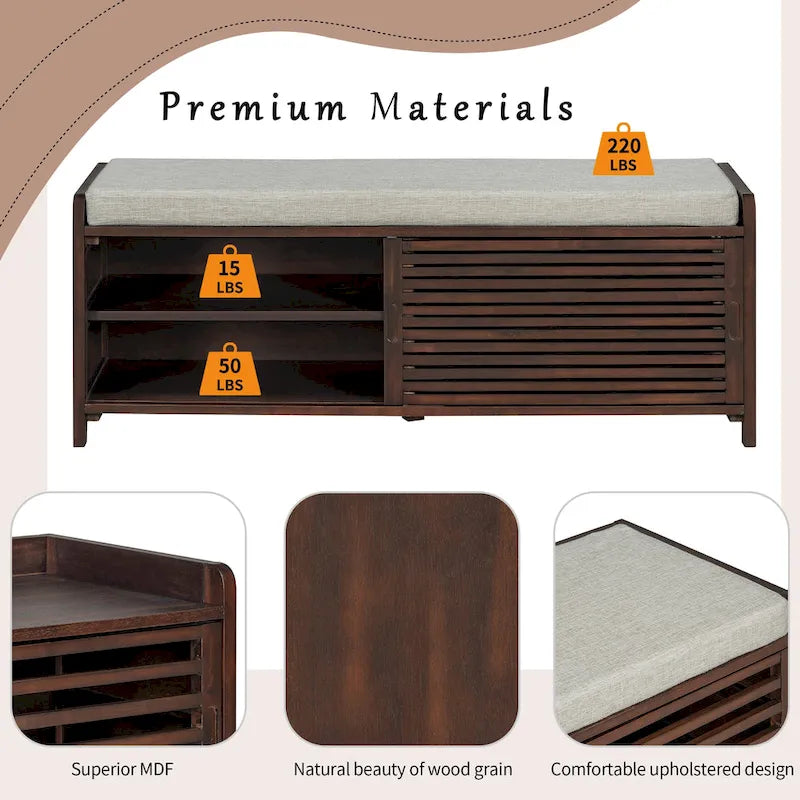 Distressed Shutter Storage Bench with Acacia Veneer for Retro Charm for Living Room, Entryway