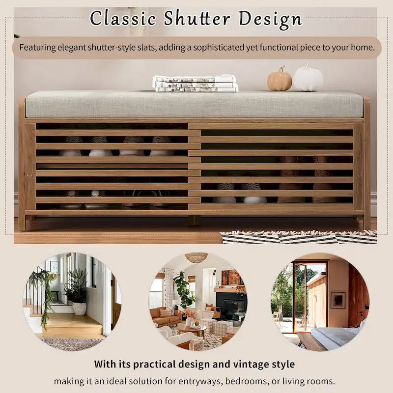 Distressed Shutter Storage Bench with Acacia Veneer for Retro Charm for Living Room, Entryway