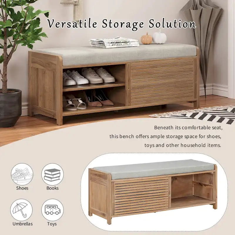 Distressed Shutter Storage Bench with Acacia Veneer for Retro Charm for Living Room, Entryway