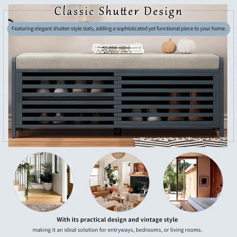 Distressed Shutter Storage Bench with Acacia Veneer for Retro Charm for Living Room, Entryway