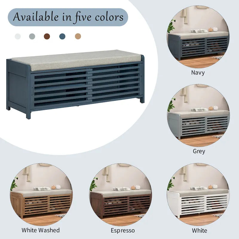 Distressed Shutter Storage Bench with Acacia Veneer for Retro Charm for Living Room, Entryway