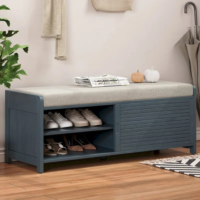 Distressed Shutter Storage Bench with Acacia Veneer for Retro Charm for Living Room, Entryway