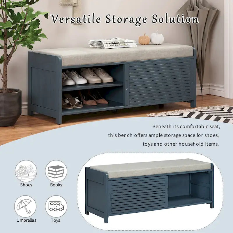 Distressed Shutter Storage Bench with Acacia Veneer for Retro Charm for Living Room, Entryway