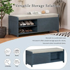 Distressed Shutter Storage Bench with Acacia Veneer for Retro Charm for Living Room, Entryway