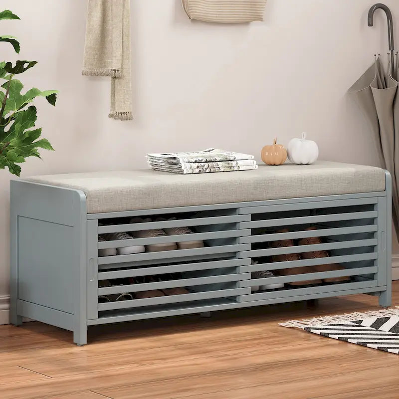 Distressed Shutter Storage Bench with Acacia Veneer for Retro Charm for Living Room, Entryway