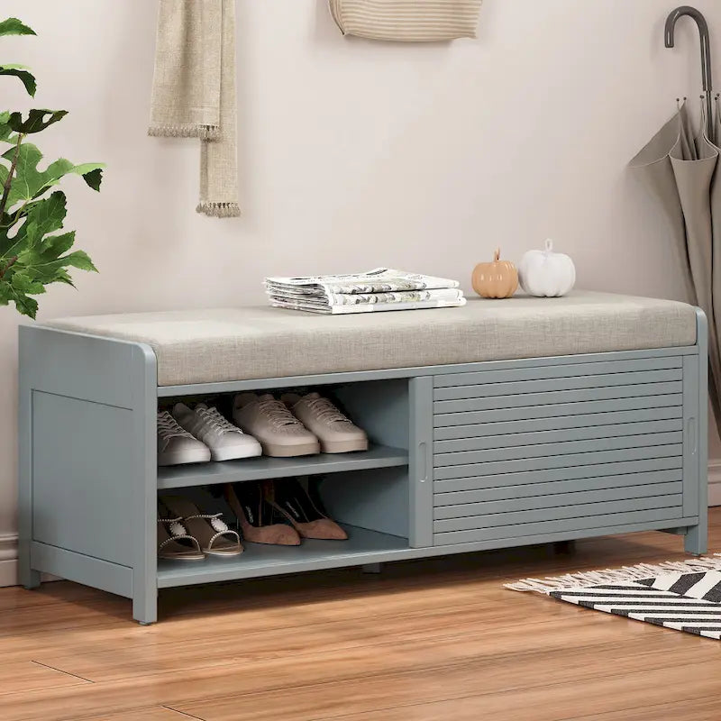 Distressed Shutter Storage Bench with Acacia Veneer for Retro Charm for Living Room, Entryway