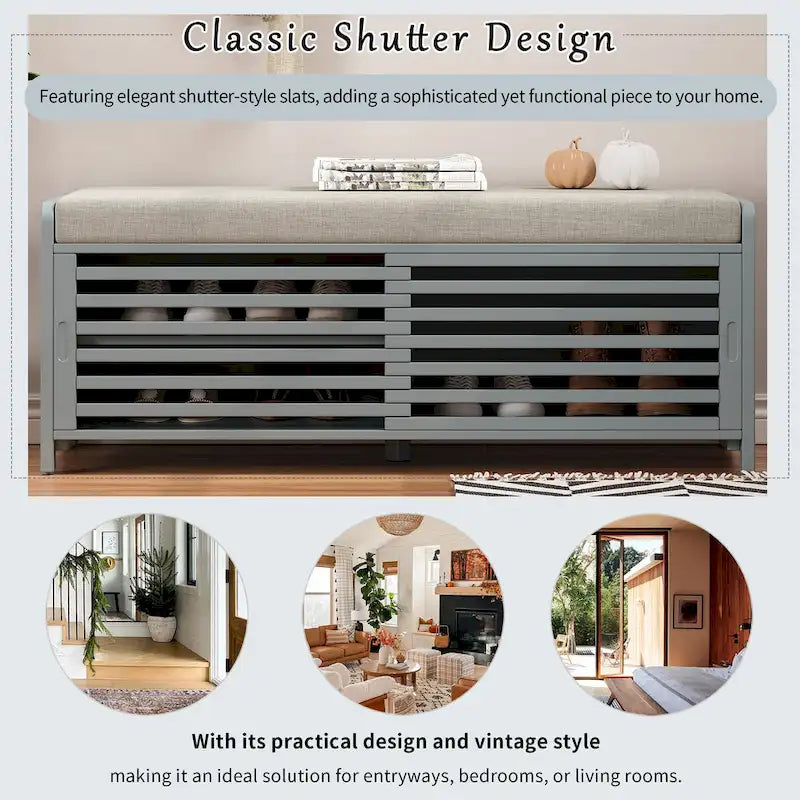 Distressed Shutter Storage Bench with Acacia Veneer for Retro Charm for Living Room, Entryway