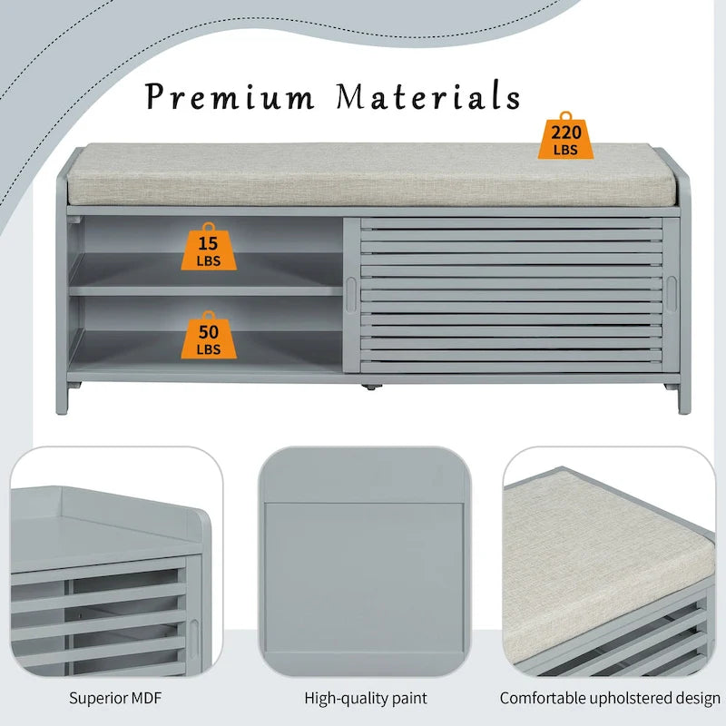 Distressed Shutter Storage Bench with Acacia Veneer for Retro Charm for Living Room, Entryway