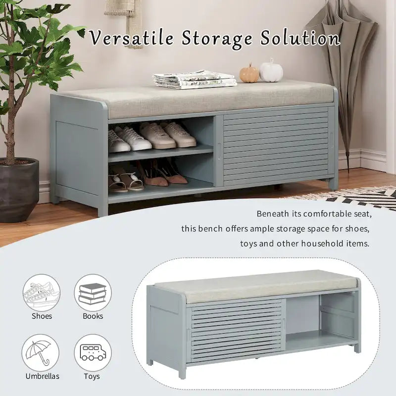 Distressed Shutter Storage Bench with Acacia Veneer for Retro Charm for Living Room, Entryway