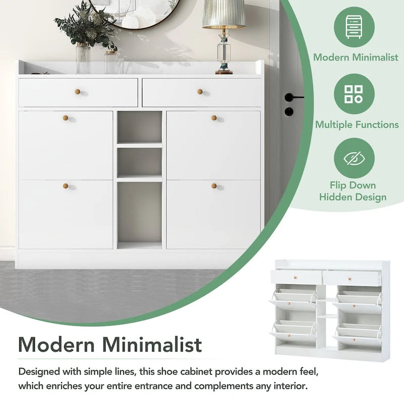 Modern Tipping Bucket Shoe Cabinet with 4 Flip Drawers, Multifunctional 2-Tier Shoe Storage Organizer with Drawers