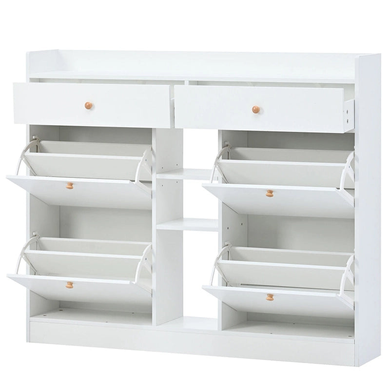 Modern Tipping Bucket Shoe Cabinet with 4 Flip Drawers, Multifunctional 2-Tier Shoe Storage Organizer with Drawers