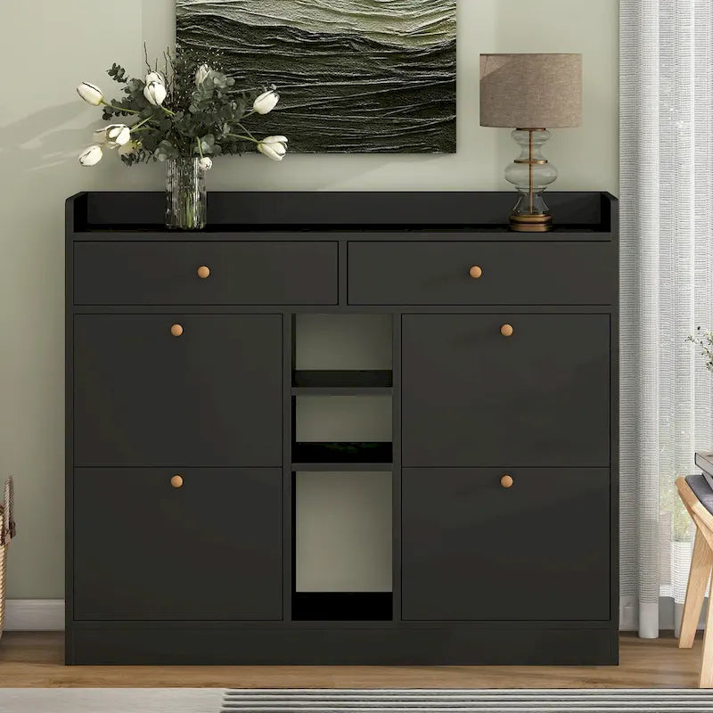 Modern Tipping Bucket Shoe Cabinet with 4 Flip Drawers, Multifunctional 2-Tier Shoe Storage Organizer with Drawers