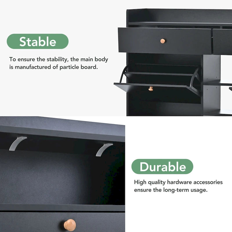 Modern Tipping Bucket Shoe Cabinet with 4 Flip Drawers, Multifunctional 2-Tier Shoe Storage Organizer with Drawers