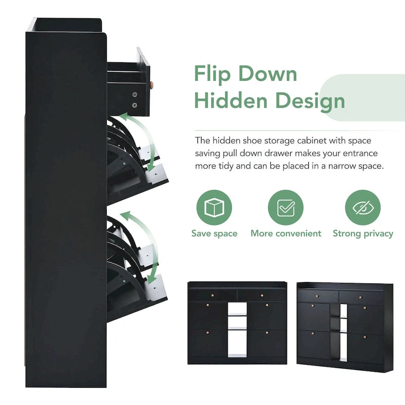 Modern Tipping Bucket Shoe Cabinet with 4 Flip Drawers, Multifunctional 2-Tier Shoe Storage Organizer with Drawers
