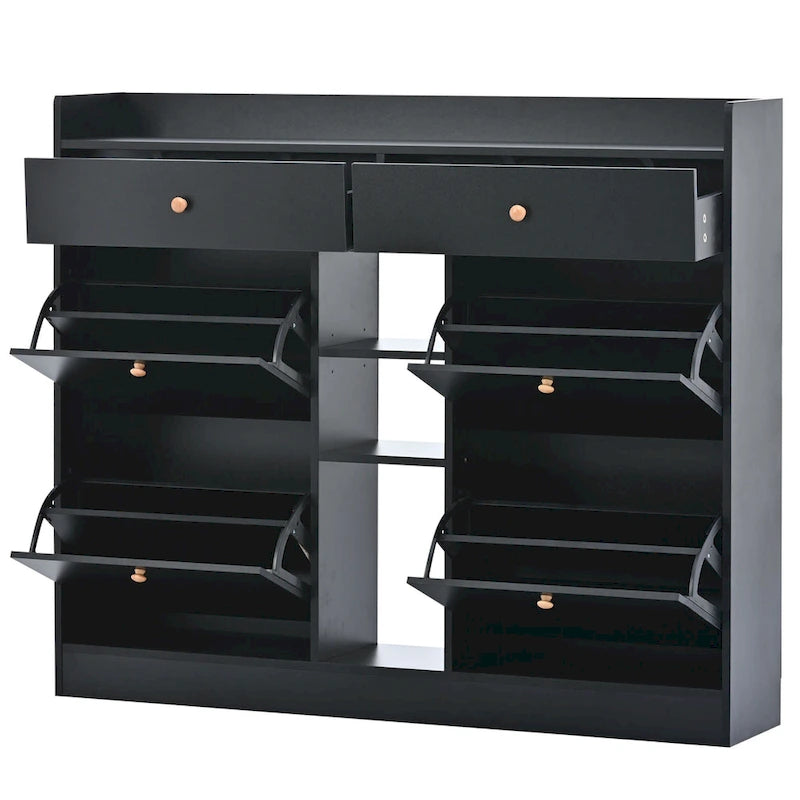 Modern Tipping Bucket Shoe Cabinet with 4 Flip Drawers, Multifunctional 2-Tier Shoe Storage Organizer with Drawers