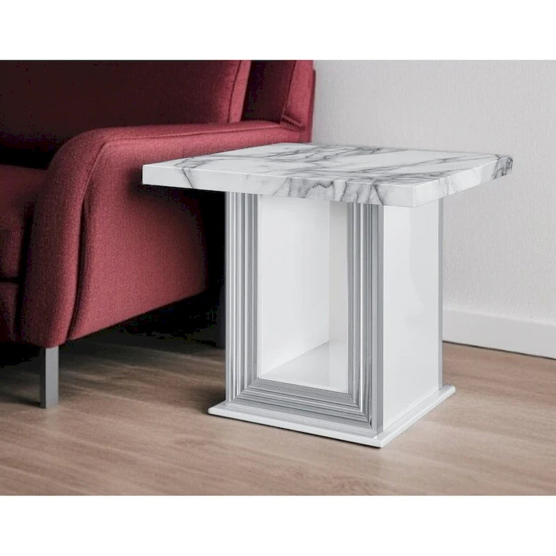 HomeRoots 24 White and Silver Faux Marble and Wood Pedestal End Table - 26' X '24.4' X '26