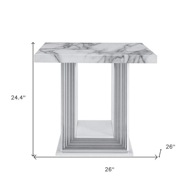 HomeRoots 24 White and Silver Faux Marble and Wood Pedestal End Table - 26' X '24.4' X '26