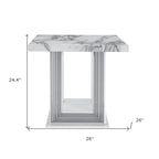 HomeRoots 24 White and Silver Faux Marble and Wood Pedestal End Table - 26' X '24.4' X '26