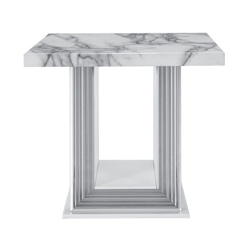 HomeRoots 24 White and Silver Faux Marble and Wood Pedestal End Table - 26' X '24.4' X '26