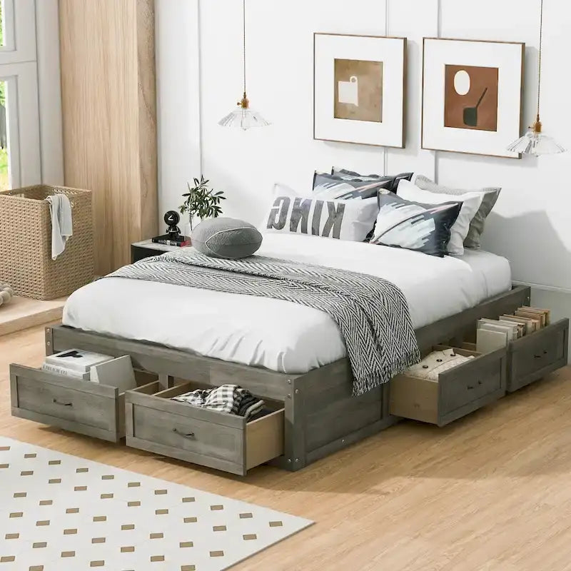 Full Size Platform Bed with 6 Storage Drawers