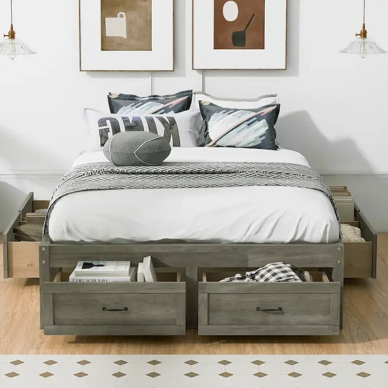Full Size Platform Bed with 6 Storage Drawers