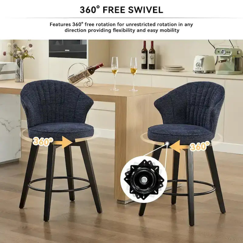 Wing Back Swivel Bar Stools Set of 2 - 25 Counter Height Adjustable Stools with Wood Legs & Chenille Upholstery, Leveling Feet