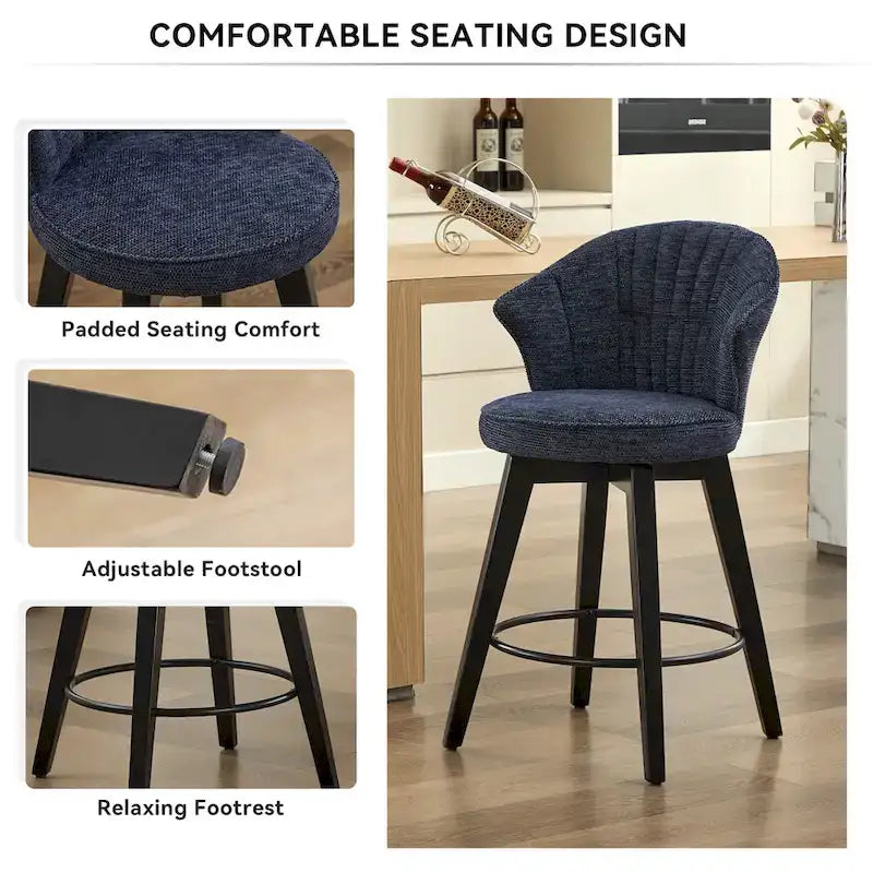 Wing Back Swivel Bar Stools Set of 2 - 25 Counter Height Adjustable Stools with Wood Legs & Chenille Upholstery, Leveling Feet