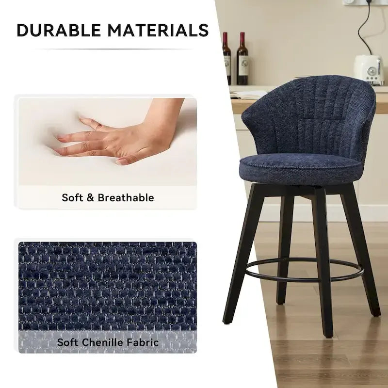 Wing Back Swivel Bar Stools Set of 2 - 25 Counter Height Adjustable Stools with Wood Legs & Chenille Upholstery, Leveling Feet