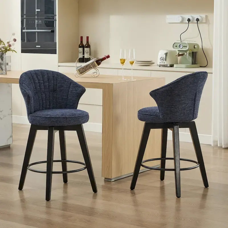 Wing Back Swivel Bar Stools Set of 2 - 25 Counter Height Adjustable Stools with Wood Legs & Chenille Upholstery, Leveling Feet