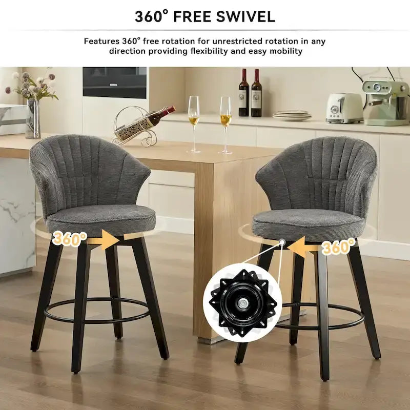 Wing Back Swivel Bar Stools Set of 2 - 25 Counter Height Adjustable Stools with Wood Legs & Chenille Upholstery, Leveling Feet