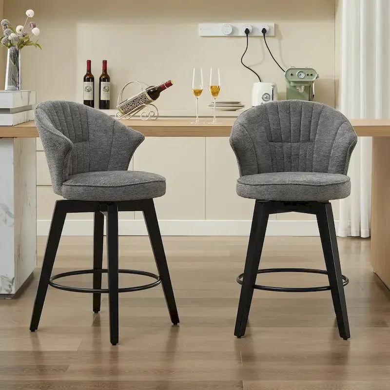 Wing Back Swivel Bar Stools Set of 2 - 25 Counter Height Adjustable Stools with Wood Legs & Chenille Upholstery, Leveling Feet
